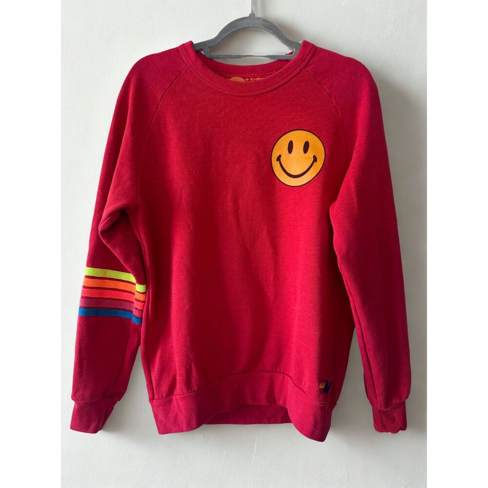 Aviator Nation Red Rainbow Sleeve Smiley Face Crewneck Sweatshirt Size Small